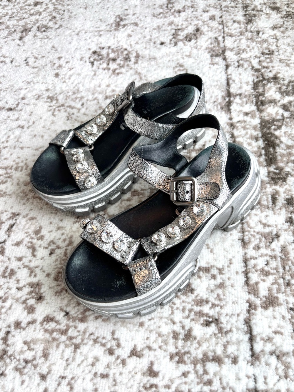 MIU MIU Silver Metallic Platform Crystal Embellished Leather Sandals